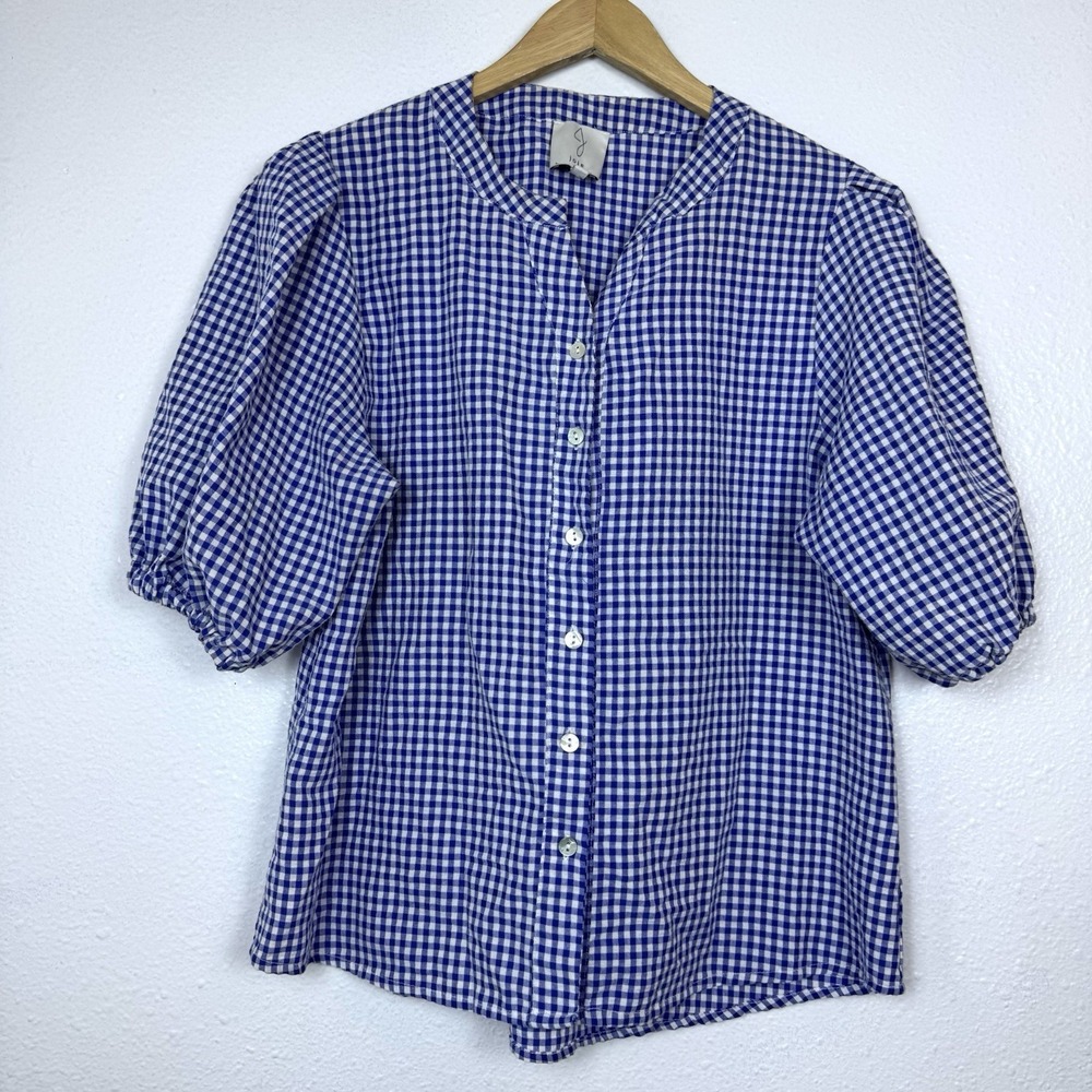 Joie Blue White Gingham Top Womens Small Button Up Blouse Puff Sleeves Cottage